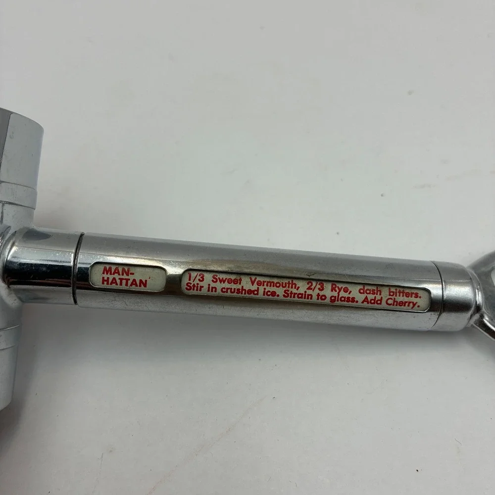 Vintage Chrome Hammer Bar Tool Jigger Bottle Opener Rotating Recipe Guide 6.5 in